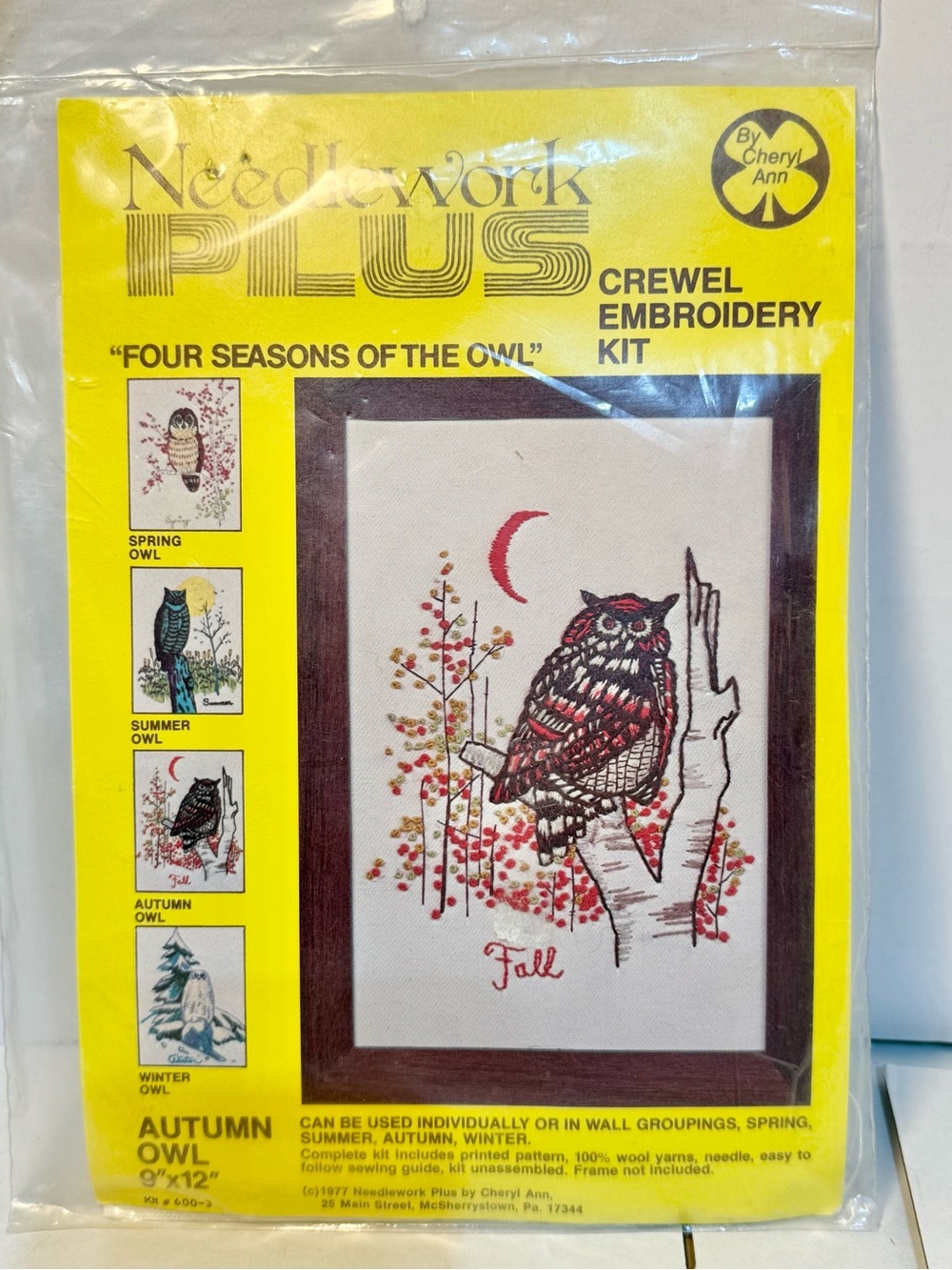 Needlework Plus Autumn Owl Crewel Embroidery Kit  9x12” 1977